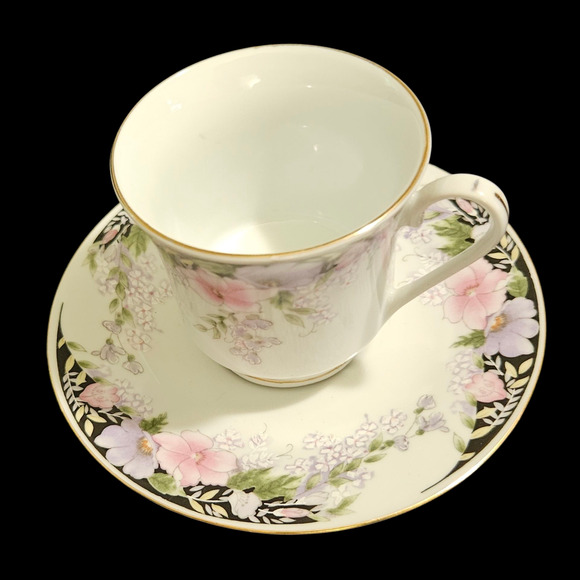 Set of 4 Floral China Teacup & Saucer Sets Pink Purple Flowers Gold Trim - Picture 1 of 4